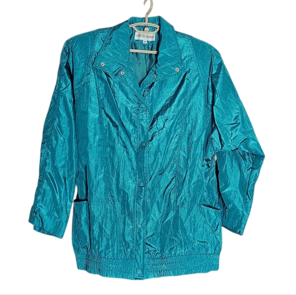Vintage 80s/90s Kristen Blake Teal Green Crinkle Nylon Windbreaker Jacket Medium - Picture 1 of 6